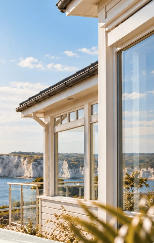Bright coastal home overlooking the sea and Dorset-style chalk cliffs