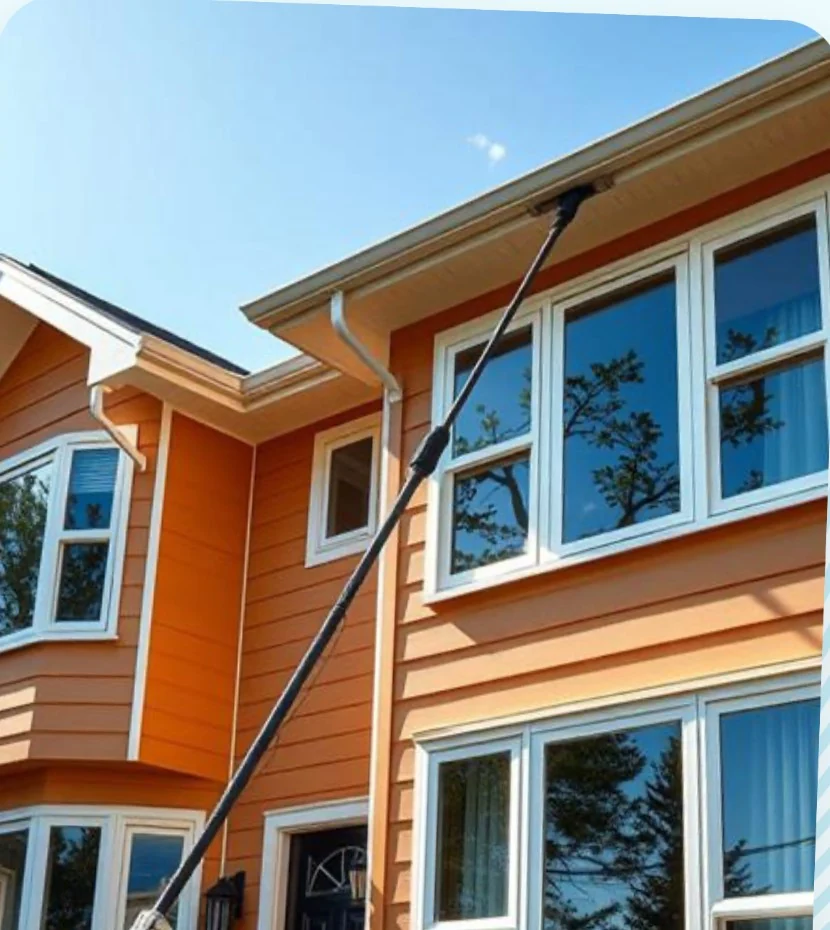 A window cleaner using a water-fed pole to clean the windows of a house